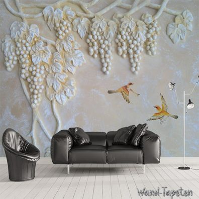 Vlies Fototapete Wandtapete Wandbilder 3D Trauben Vogel Wandmalerei 2876