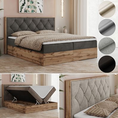 Polsterbett, Boxspringbett VENETO mit zwei Bettkästen, Eiche-Wotan Holzrahmen