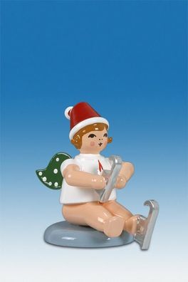 Holzfigur Engel auf Schlittschuh sitzend und Mütze Höhe 6cm NEU Holzengel Instrum