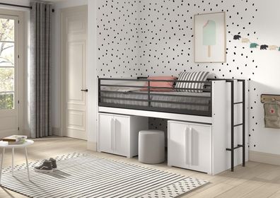 Funktionsbett 90x200 Schreibplatte 2 Kommoden 2T Halbhochbett Spielbett Weiß