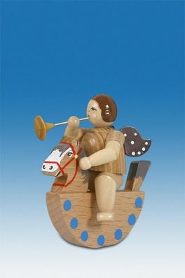 Holzfigur Engel auf Schaukelpferd mit Trompete natur ohne Krone Höhe 6,5cm NEU Ho