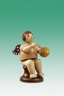Holzfigur Musikantenengel mit Waldhorn sitzend mit Krone natur Höhe 6,5cm NEU Hol