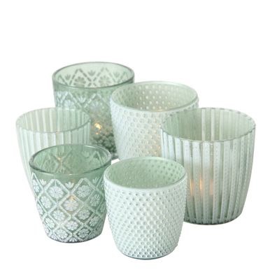 Boltze 6 x Windlicht Patty grün floral, Windlichter Höhe 7-9 cm