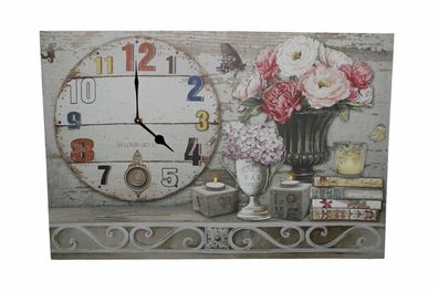 Nostalgie LED-Wandbild Blumen Bücherstapel Deko Bild mit integrierter Uhr 40x60 cm