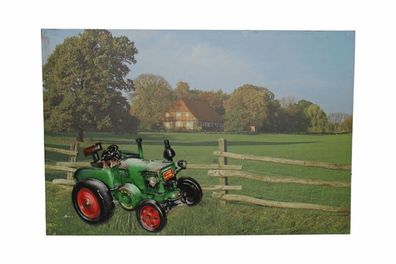 Nostalgie Landhaus Stil LED-Wandbild Traktor mit Farmhaus 40x60 cm Leinwandbild