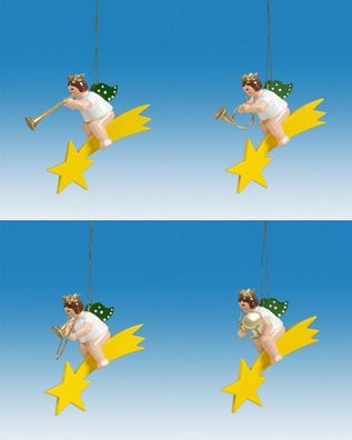 Christbaumschmuck Engel auf Sternschnuppe mit Instrument und Krone 4 teilig Höhe