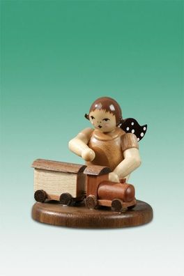 Holzfigur Engel mit Eisenbahn natur ohne Krone Höhe 6,5cm NEU Holzengel Instrumen
