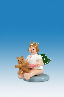 Holzfigur Engel mit Teddy und Krone sitzend Höhe 6cm NEU Holzengel Bote Gottes