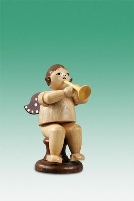 Holzfigur Musikantenengel mit Trompete sitzend mit Krone natur Höhe 6,5cm NEU Hol