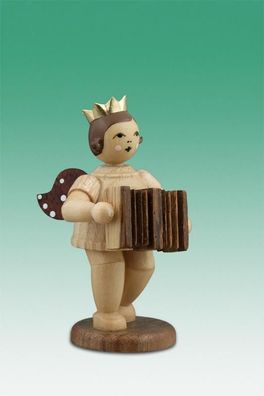 Holzfigur Musikengel mit Akkordeon und Krone Höhe 6,5cm NEU Holzengel Instrument