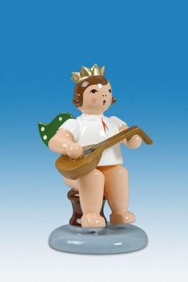Holzfigur Engel sitzend mit Laute und Krone Höhe 6cm NEU Holzengel Instrument Sei