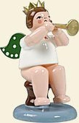 Holzfigur Engel sitzend mit Trompete und Krone Höhe 6cm NEU Holzengel Instrument