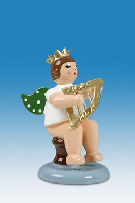 Holzfigur Engel sitzend mit Handharfe und Krone Höhe 6cm NEU Holzengel Instrument