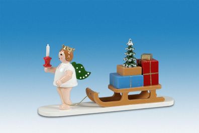 Holzfigur Engel mit Schlitten und Krone Höhe 6cm NEU Holzengel Instrument Seiffen