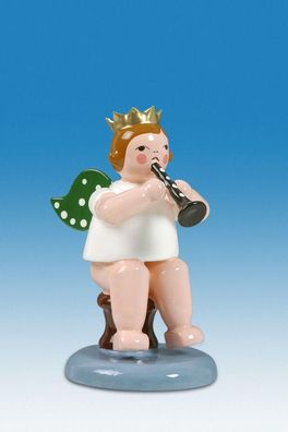 Holzfigur Engel sitzend mit Flöte ohne Krone Höhe 6cm NEU Holzengel Instrument Se