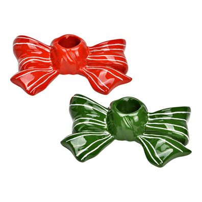 2er-Set Keramik Kerzenhalter Rot und Grün