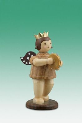 Holzfigur Musikantenengel mit Tamburin und Krone natur Höhe 6,5cm NEU Holzengel I