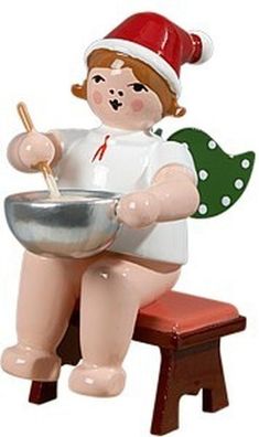 Holzfigur Bäckerengel mit Teigschüssel und Krone Höhe 6cm NEU Holzengel Instrumen