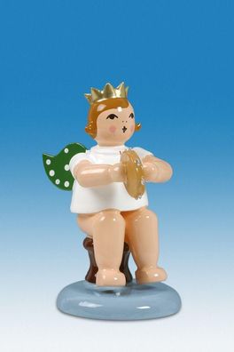 Holzfigur Engel sitzend mit Tamburin ohne Krone Höhe 6cm NEU Holzengel Instrument