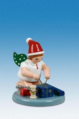 Holzfigur Engel mit Geschenk und Krone Höhe 6cm NEU Holzengel Instrument Seiffen