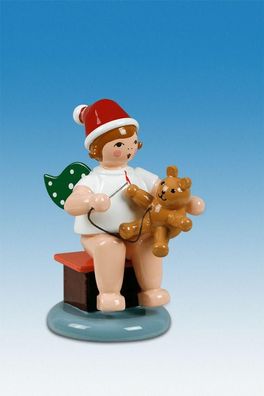 Holzfigur Engel mit Teddy und Mütze Höhe 6cm NEU Holzengel Instrument Seiffen Erz