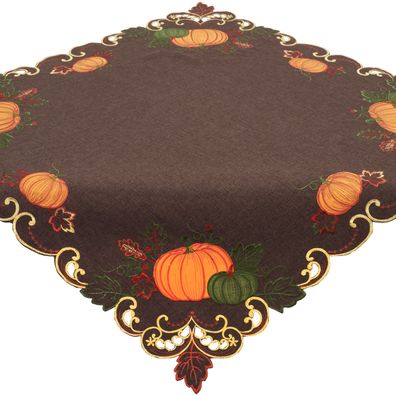 Tischdecke Kürbis 85x85 Mitteldecke Bestickt Halloween Tischwäsche Herbst Braun