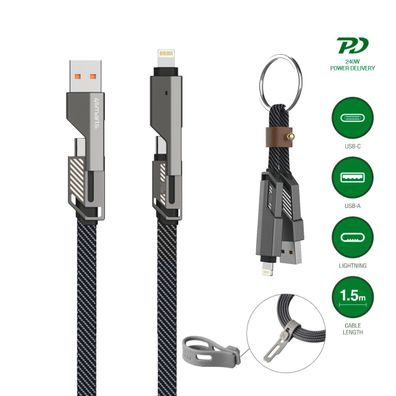 4smarts USB-C Kabel ComboCord Flat 240W, 1,5m + Keyring Kabel