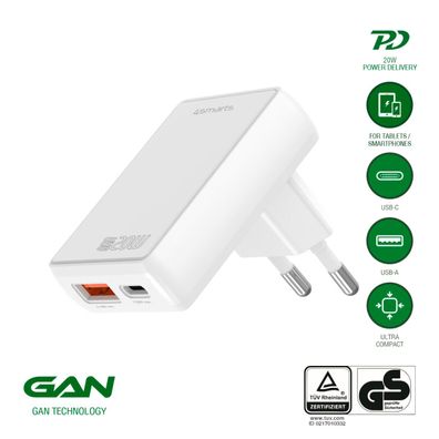 4smarts Netzladegerät FlatPlug Duos 20W GaN 1C+1A, weiß
