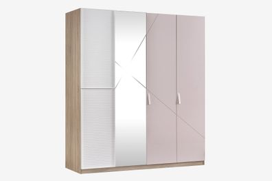 Kleiderschrank Angel 4-Türig in Holzoptik/Weiß/Pink
