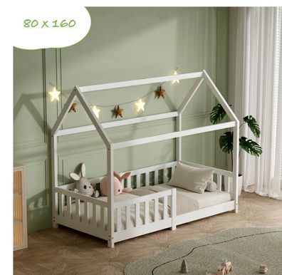 Kinderbett Hausbett 160x80cm Kiefernholz Weiß