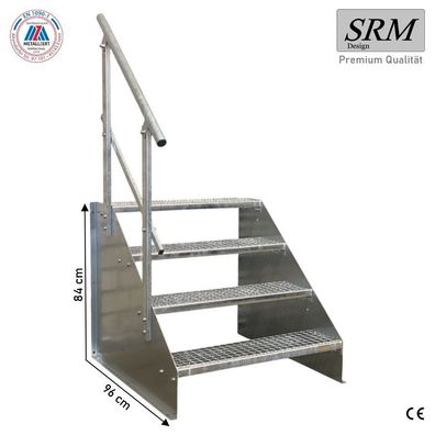 4 Stufen Treppe Breite 60 - 160 cm Standtreppe Höhe 84 cm verzinkt 1x Geländer