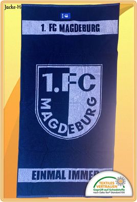 1. FC Magdeburg Duschtuch Badetuch Badestola Navy-Blau Weiß Logo Gr: 70x140 cm NEU