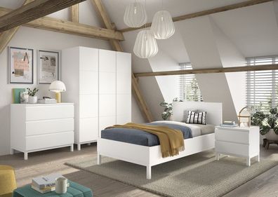 Set Bett 90x200 Nachtkommode Schrank 3T Kommode Jugendzimmer Kinderzimmer Weiß