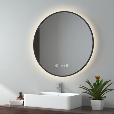 EMKE® LED Badspiegel Rund Touch mit Beleuchtung Beschlagfrei Schwarz Rahmen