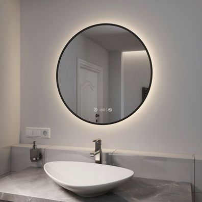 EMKE® LED Badspiegel Rund Spiegel mit Beleuchtung Schwarz Touch Antibeschlage Uhr