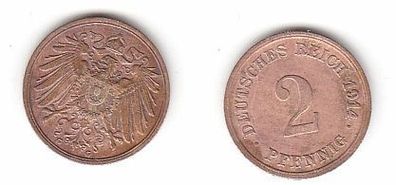 2 Pfennig Kupfer Münze Deutsches Reich 1914 G Jäger 11 (112334)