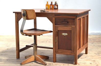 Schreibtisch Antik massiv Teak Holz Groß Vintage Alt Bürotisch Art Deco 1920er