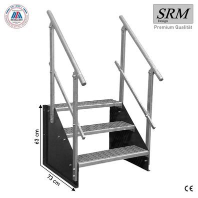 3 Stufen Treppe Breite 60 - 160 cm Standtreppe Höhe 63 cm anthrazit 2x Geländer