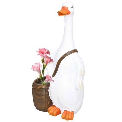 Blumentopf, Schwan mit Umhängetasche, wetterfest, 32 x 18 x 60 cm, Weiß, Braun