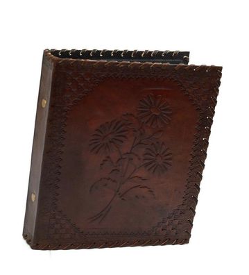 Herbarium Akten Ordner 2 Ringe DIN A5 Echt Leder Handmade Indien Blume Prägung