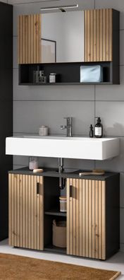 Badmöbel Badezimmer Set Eiche Artisan Rillen Grau Breite 80 cm Bad Gäste WC Livia