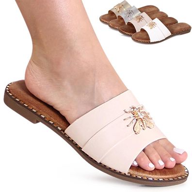 topschuhe24 3175 Damen Pantoletten Sandalen Glitzer Biene