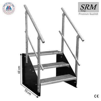 3 Stufen Treppe Breite 60 - 160 cm Standtreppe Höhe 63 cm schwarz 2x Geländer