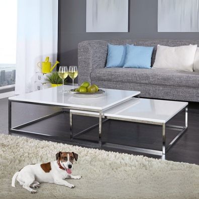 2er Set Design Couchtisch MENTO 75/65cm weiss hochglanz Edelstahl-Gestell