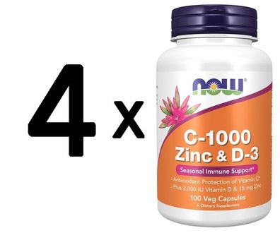 4 x NOW Foods C-1000 Zinc & D-3 - 100 vcaps