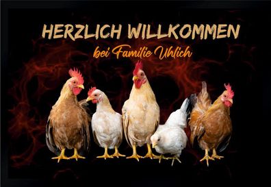 Fußmatte Schmutzfangmatte Wunschtext Hühner personalisiert F185 60x40 cm