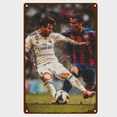 Blechschild Fußball Messi Ronaldo im Kampf Metallschild 30x20 Nostalgie TEL2080