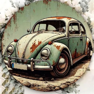 Blechschild rund rostiger Volkswagen VW Käfer Nostalgie Vintage TEL2308
