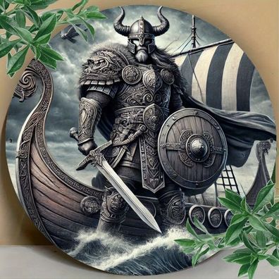 Blechschild rund Wikinger Viking Nautischer Krieger Vintage Metallschild TEL2572
