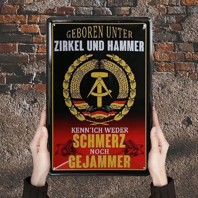 Blechschild Geboren unter Zirkel u Hammer Nostalgie Vintage Metallschild TE2634